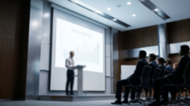  Professional businessman giving financial presentation to corporate audience , blured Silhouette