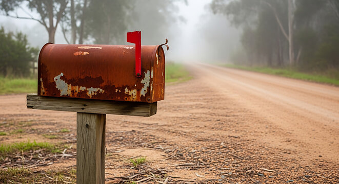 Rusty old mailbox on a wooden post beside a foggy rural dirt road