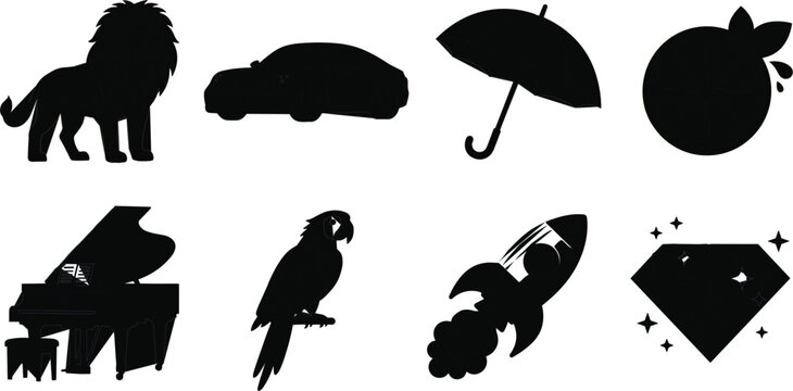 Black silhouette vector icon collection featuring wild lion, sleek sports car, rainy umbrella, lemon fruit slice, grand piano instrument, scarlet parrot bird, rocket spaceship, diamond gemstone .