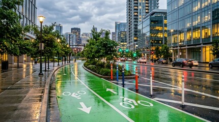 Naklejka premium City protected bicycle lane with painted arrows and reflective bollards along wet downtown street near modern office buildings at twilight