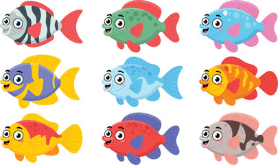Fototapeta premium Set of eight colorful cartoon fish characters with happy expressions for children design projects