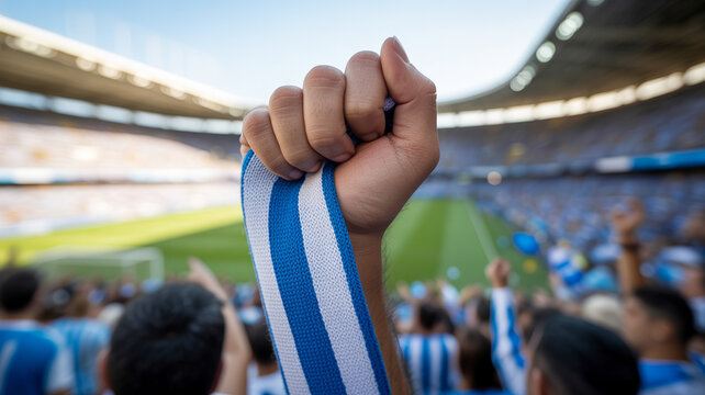 Avid sports supporter clenches a blue and white striped scarf at a sunlit soccer stadium filled with fans
