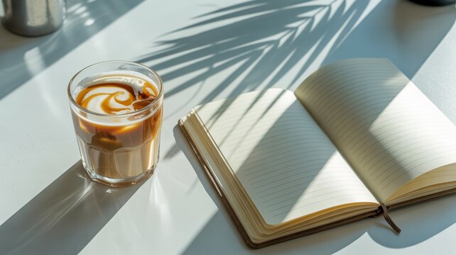Overlooking iced coffee and notebook on white desk &ndash; Great for freelance business content, morning routine blogs, or daily planning materials.