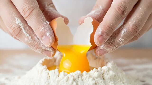 Close up of hands cracking a fresh egg into a heap of white flour two covered in break