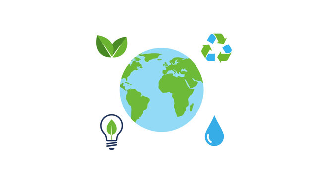 Eco-friendly Earth icons: planet, leaves, recycle, lightbulb, water drop