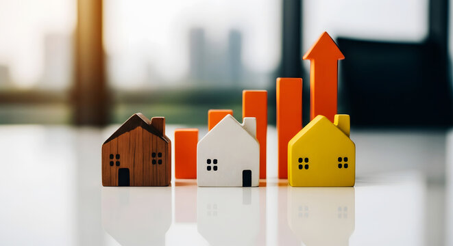 Miniature houses and orange graph bars with upward arrow on reflective surface home