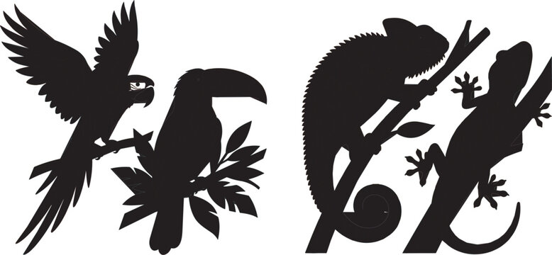 Black silhouette vector icon collection featuring exotic tropical wildlife including flying macaw parrot, perched toucan bird, chameleon lizard, and gecko reptile on tree branches,