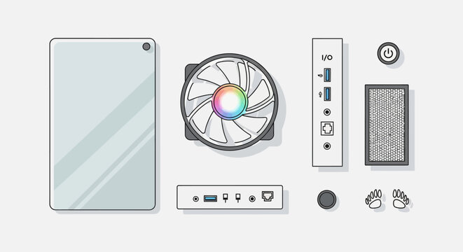 Computer Components Flat Lay: PC Case, Fan, I/O Panel, Power Button, Filter