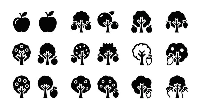 Fruit Tree Icons: Apple, Mango, Orange Illustrations - Vector Set