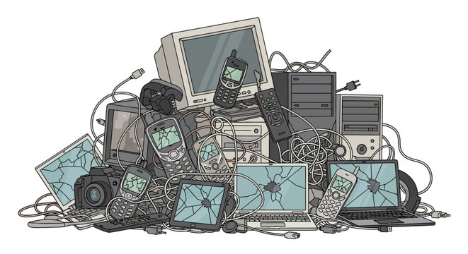 Pile of old electronic devices, e-waste, obsolete technology, computer parts