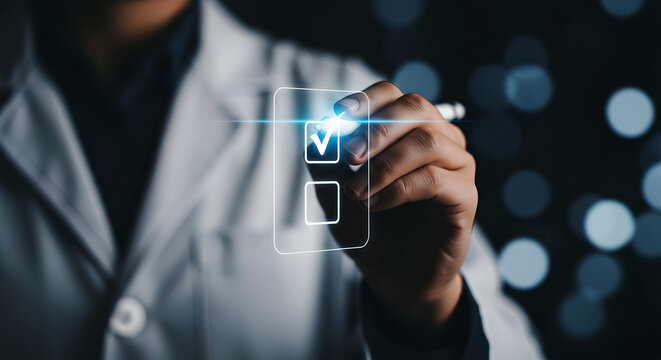 Person in lab coat marking a checkbox on a digital interface with a stylus checklist