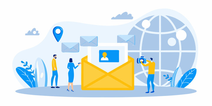 email illustration with people and globe in memphis style