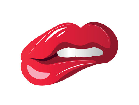 Vector illustration of sensual female lips with bright red lipstick gently biting the lower lip. Sexy mouth isolated on white background.