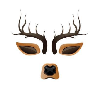 Vector illustration of deer animal mask elements with branch antlers, ears and nose. Photo booth filter props isolated on white background.