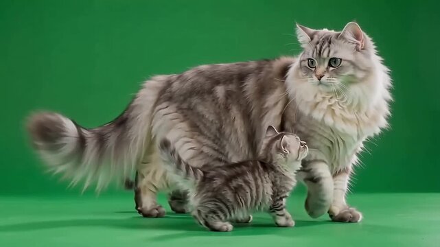 Fluffy siberian cat mother walking with her two small kittens in a slow motion sequence