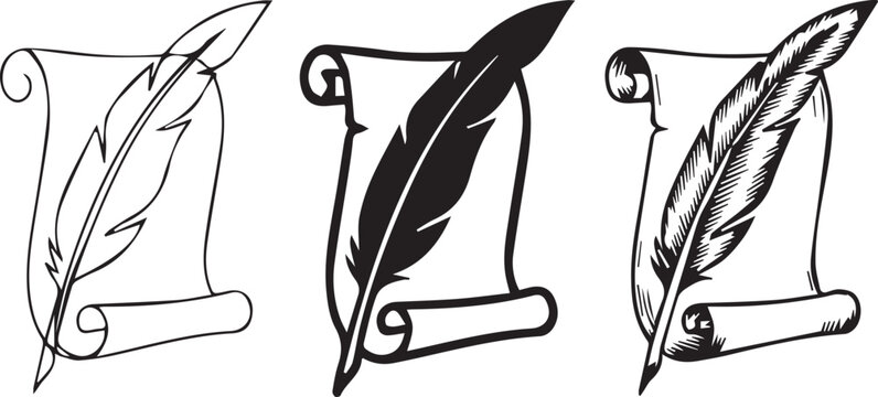 Feather quill pen on scroll paper icons