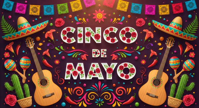 Cinco de mayo celebration illustration with musical instruments chili peppers and traditional decorations