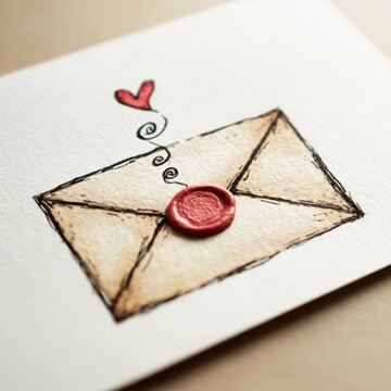 Hand-drawn envelope with red wax seal and heart above. Delicate sketch shows love's message sealed with care. Warm tones evoke nostalgia and personal connection. Perfect for romantic, vintage