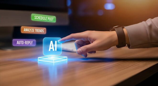 Ai data analytics workspace hand interacting with artificial intelligence interface