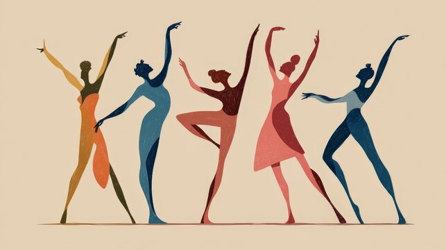 Five dancers strike graceful, colorful poses. Arms raised, bodies poised in elegant movement. Warm tones suggest joyful, spirited performance. Ideal for art, fitness, or cultural celebration themes