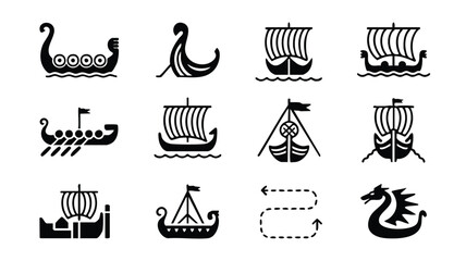 Collection of various Viking ship icons and symbols on white background © logodesign11