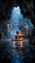 Fototapeta premium Sacred Shiva shrine inside ancient cave with reflective floor