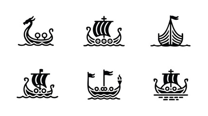 Viking ship icons set sailing vessels on water © logodesign11