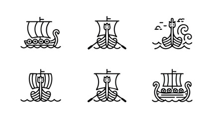 Viking ship icons sailing on water in various directions and styles © logodesign11