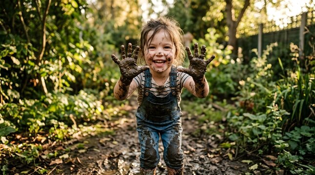 A cheerful young child with a muddy face and clothes enjoys playing outdoors. Showing dirty hands after gardening or playing in the dirt. Authentic lifestyle moment of pure joy and discovery