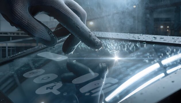 Rain-covered touchscreen with gloved finger hovering macro close-up technology interface