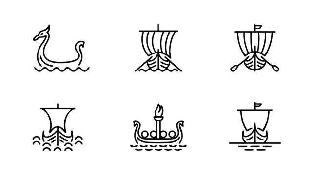 Viking ship icons set, Various sailing vessels and boats