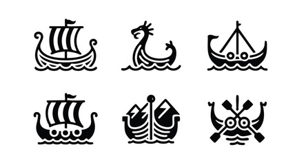 Viking ship icons set with various boat designs and dragon head figure © logodesign11