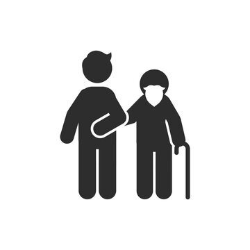 Son with an elderly father icon. Monochrome black and white symbol