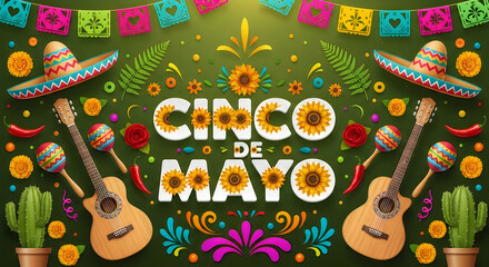 Naklejka premium Cinco de mayo celebration graphic with musical instruments cacti and festive decorations