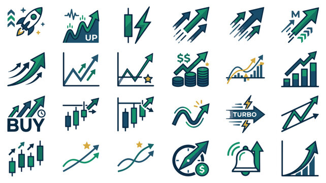 High Speed Financial Growth and Turbo Stock Trading Line Icons Set with Bullish Market Momentum and Price Action Spikes