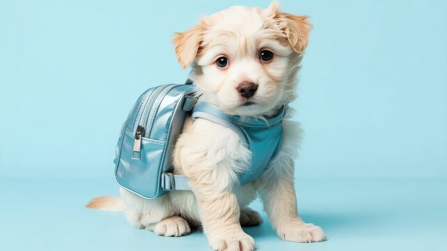 Small cream puppy wearing a metallic blue harness and backpack on light blue background