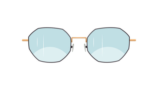 Cartoon vector illustration of geometric polygon eyeglasses with a thin gold frame and clear lenses. Optical accessory isolated on a white background.
