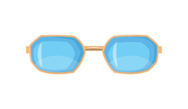 Cartoon vector illustration of geometric polygon sunglasses with a thin gold frame and light blue lenses. Trendy accessory isolated on a white background.