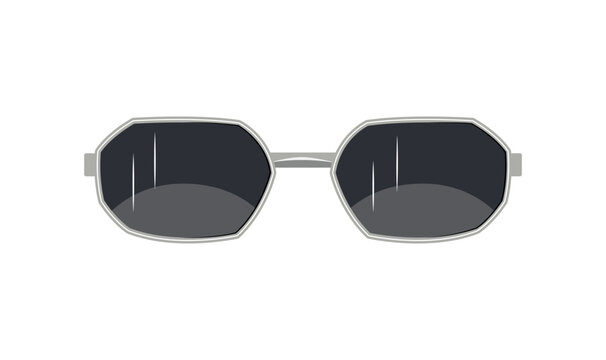 Cartoon vector illustration of geometric polygon sunglasses with a silver frame and dark lenses. Trendy summer eyewear isolated on a white background.