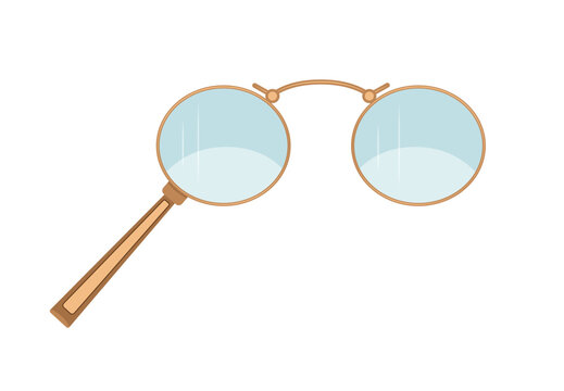 Cartoon vector illustration of antique lorgnette eyeglasses with a gold frame and a holding handle. Retro optical accessory isolated on a white background.