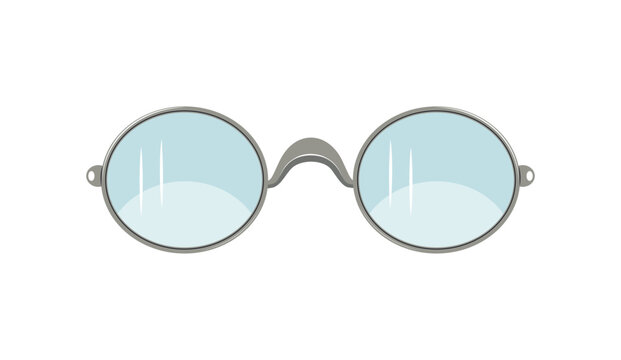 Cartoon vector illustration of retro round eyeglasses with a thin silver frame and clear lenses. Optical accessory isolated on a white background.