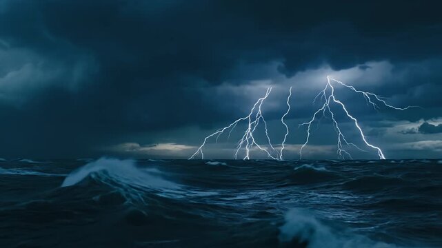 Dramatic ocean waves and lightning storm natures power display