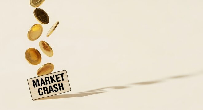 Golden coins falling onto a wooden sign with market crash inscription. Economic crisis and financial collapse concept for business and finance.