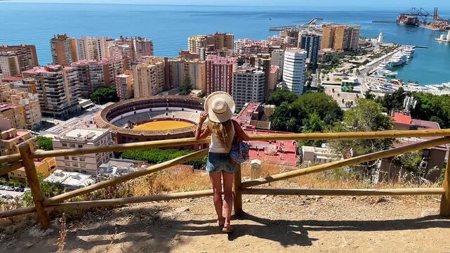 horizontal high angle view of a female tourist looking at plaza de toros and malaga city skyline from gibralfaro viewpoint in spain