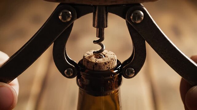 Close up of a corkscrew removing a cork from a wine bottle