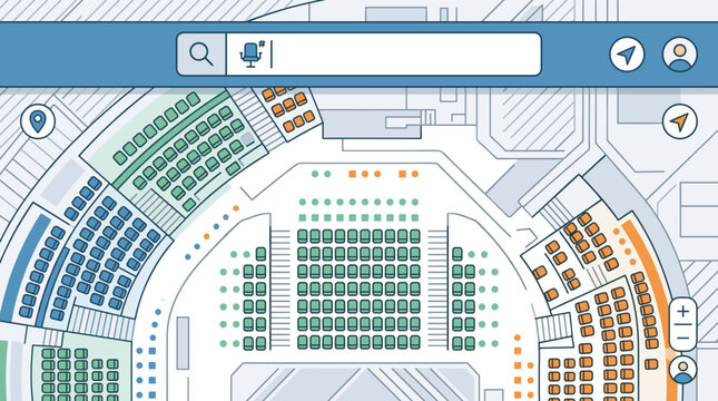 Top view of a digital seating chart for a stadium or theater venue with search bar and navigation icons on a user interface map