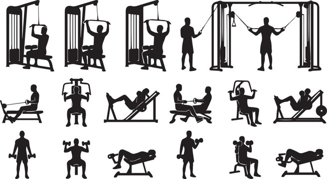 Gym workout machine silhouette collection featuring fitness training exercises bodybuilding and strength equipment illustration set