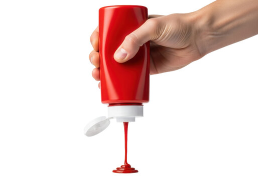 extreme macro shot of a clean caucasian hand squeezing a glossy red commercial bottle, thick ruby condiment streaming, hyper-sharp focus against brilliant white background concept for food advertising