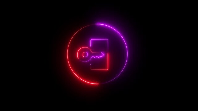 Glowing neon key icon Futuristic technology key animated black background, safety security privacy password neon circle closed animated sign symbol.