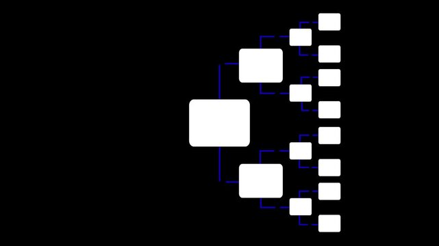 A stark black background showcases a branching white flowchart diagram with thin blue connecting lines, illustrating a hierarchical structure or decision tree with multiple levels of progression